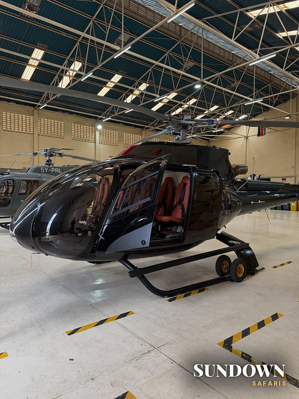 A helicopter ready in the hangar for a scenic flight