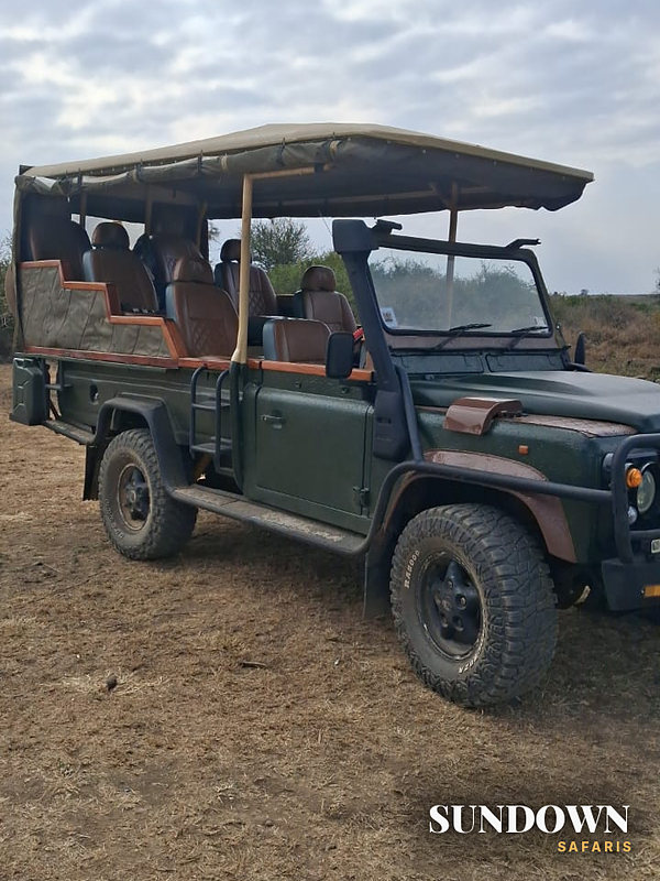 Open sided safari Land Rover with leather seats