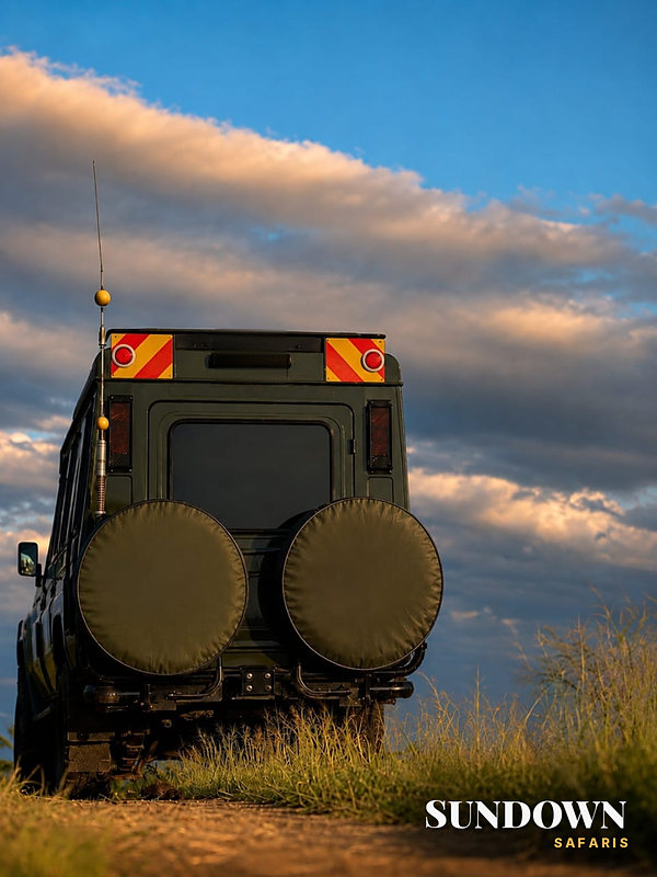 Our safari Land Rover on a dirt track under evening clouds