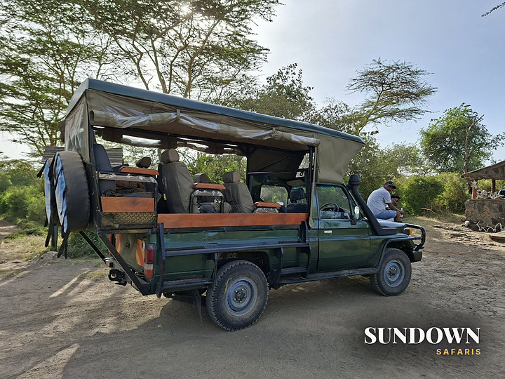 Our open Land Cruiser parked in the shade before an afternoon drive